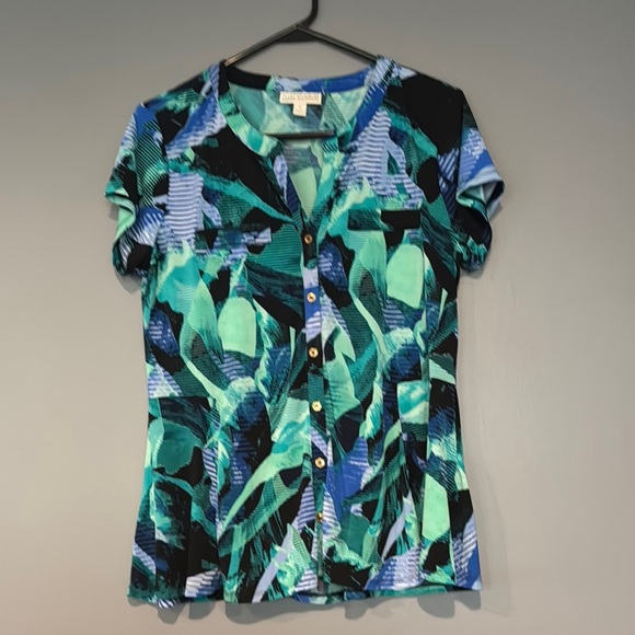 Dana Buchman Blue Black Cap Sleeve Polo Button Down Shirt - Picture 1 of 4